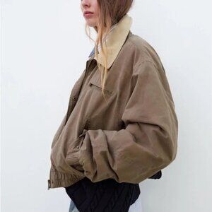 Zara Contrast Collar Waxed Bomber | Size S | Brown Taupe